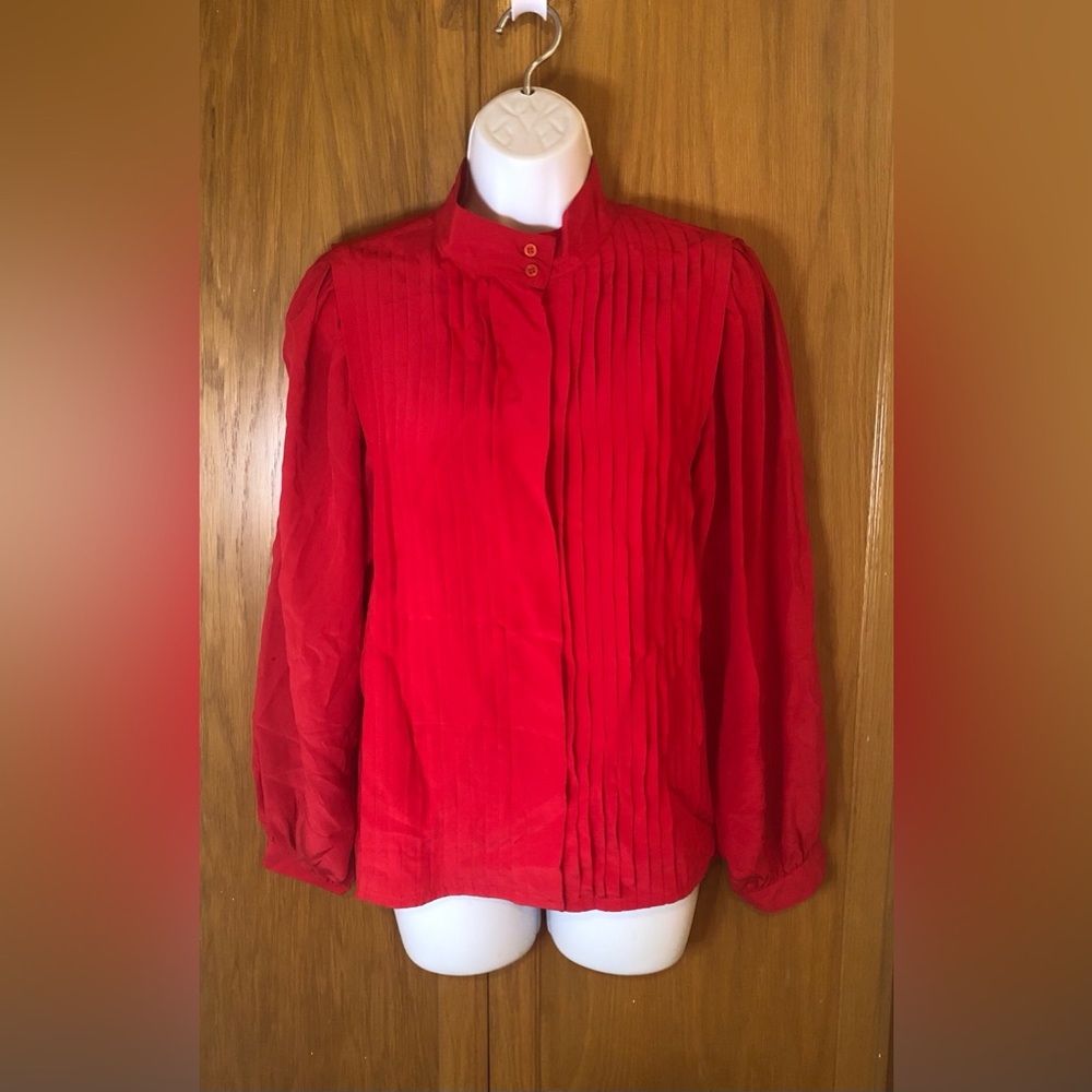 Vintage CLIO Silk Pleated Blouse Mandarin Collar Red Size 10 Mockneck